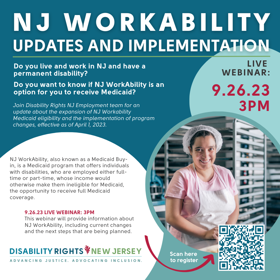 Graphic of NJ Workability Event information including photo of woman working in a bakery.
